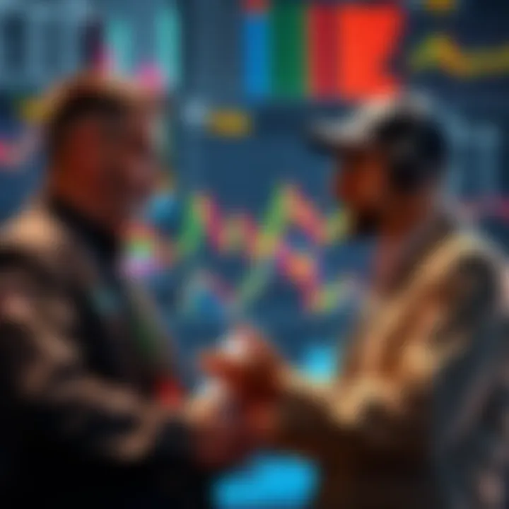 Two traders discussing a partnership for Solana trading with charts and graphs in the background