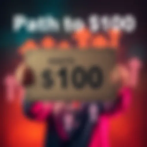 A person holding a sign that says earn $100, with upward arrows symbolizing growth