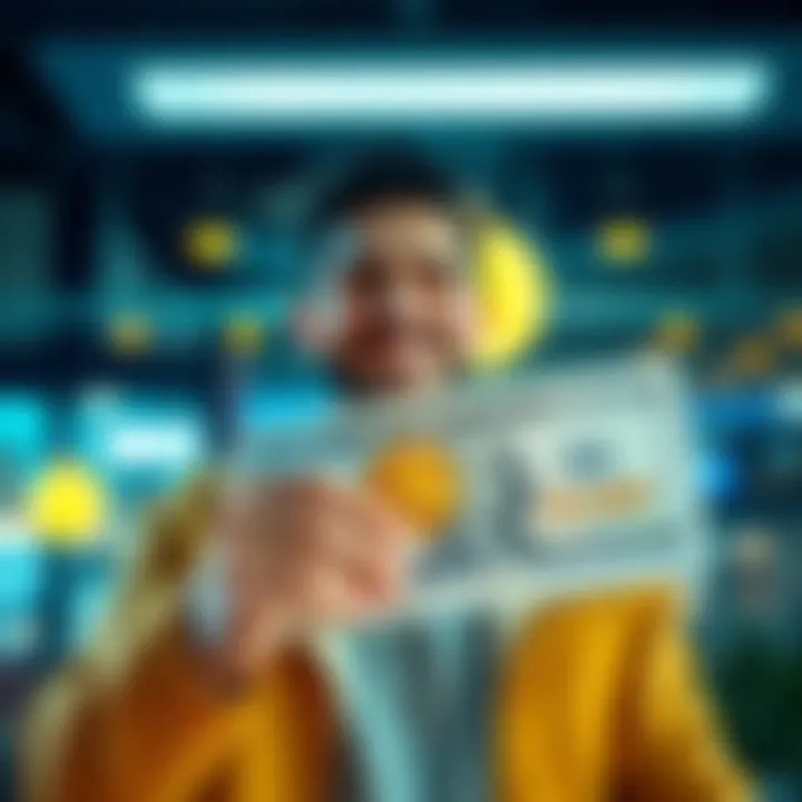 A person smiling while holding a paycheck with cryptocurrency symbols, representing payment in tokens.