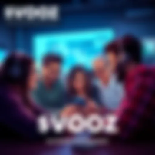 Group of people engaged in video chat using $VOOZ app, showcasing community interaction