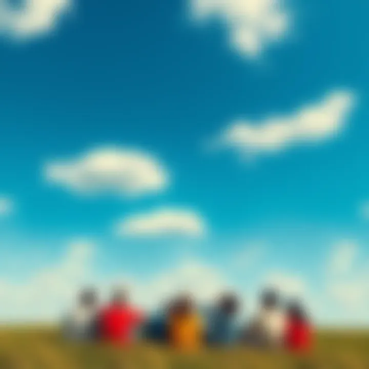 A group of people lying on the grass, looking up at fluffy clouds in a blue sky, enjoying a peaceful day outdoors.