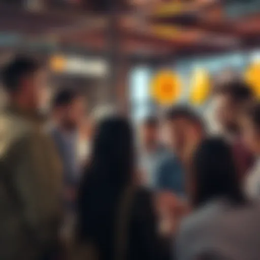 A group of individuals in a community setting engaging in a discussion about Bitcoin and cryptocurrency, showing mixed reactions and skepticism.