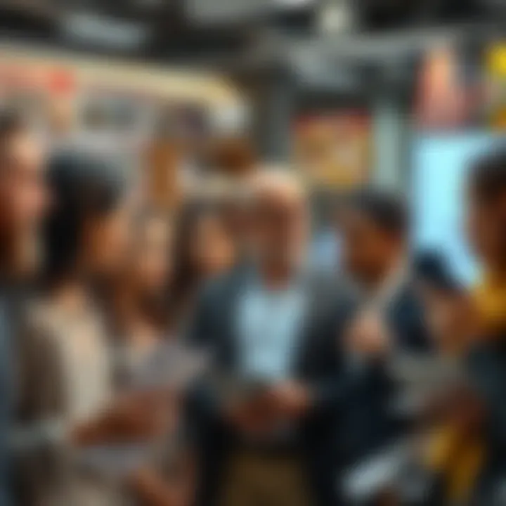A diverse group of people engaged in conversation with puzzled expressions, surrounded by news articles and digital devices.