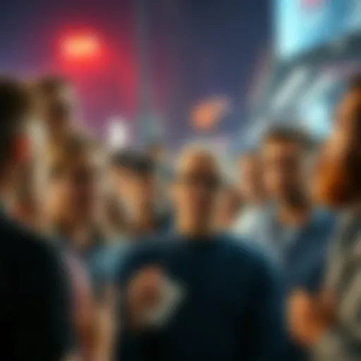 A crowd of people expressing confusion and curiosity while talking about a surprising incident