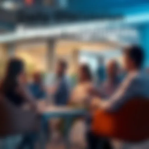 A group of people sitting in a cozy setting, chatting and sharing ideas in a forum-like environment.