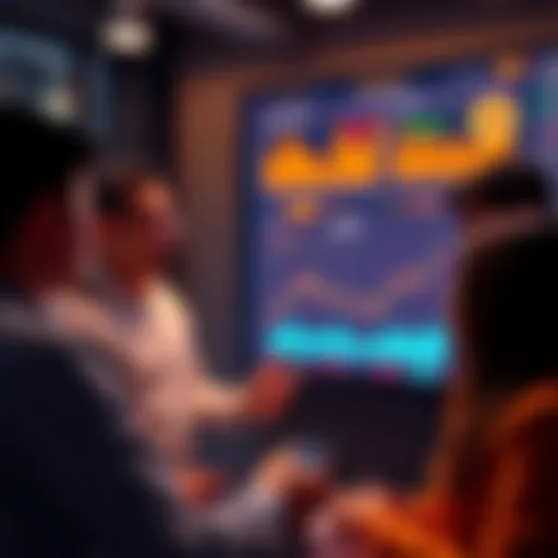 A group of people discussing investment topics, with charts and graphs visible on a screen, showing bitcoin and NOSTR discussions