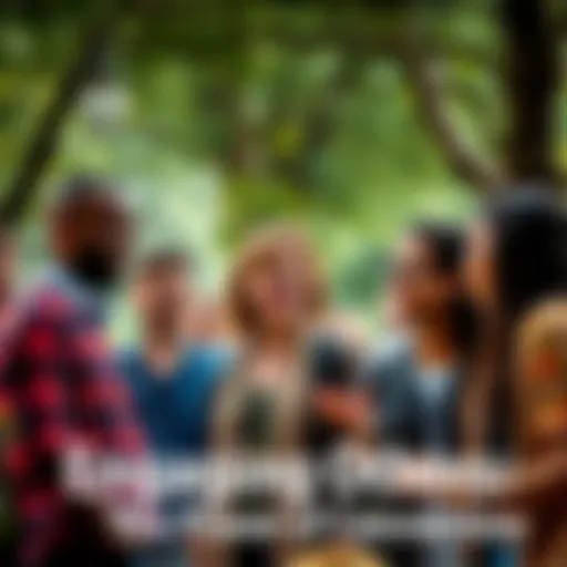 A diverse group of people smiling and talking together in a park, showcasing friendship and connection