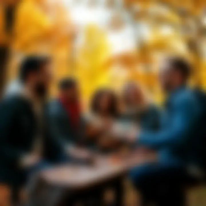 A group of friends laughing and chatting in a park during Sidetober, with colorful autumn leaves around them.