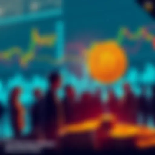 A group of people discussing Bitcoin and financial trends, with charts and numbers in the background.