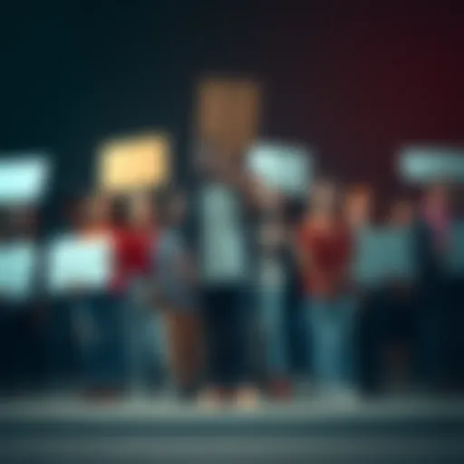 A diverse group of people standing together with signs advocating for justice and fairness, representing unity in social issues.