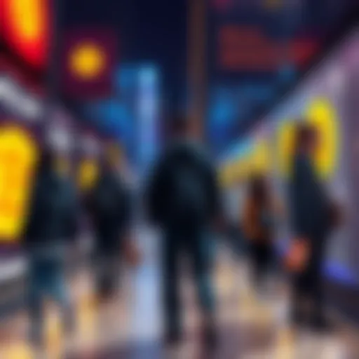 A group of people walking past Bitcoin advertisements without paying attention, showing indifference to cryptocurrency.