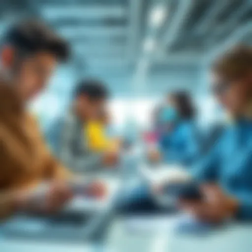 Group of people engaged in filling out surveys on mobile devices and laptops in a bright workspace