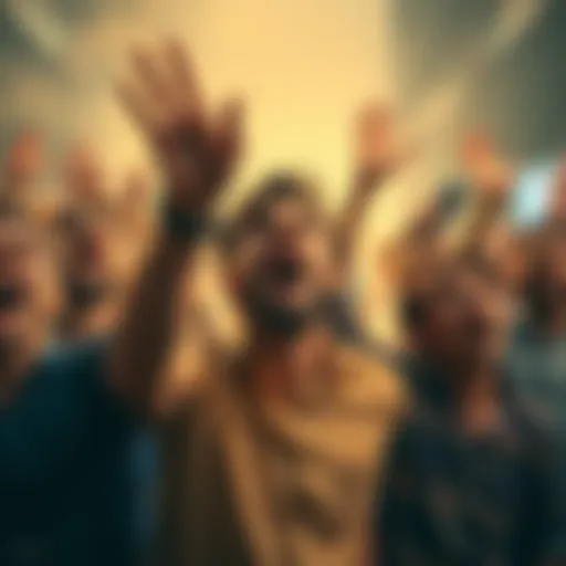 A group of people expressing their frustration about the market, shouting and raising their hands in exasperation, conveying a sense of shared emotion.