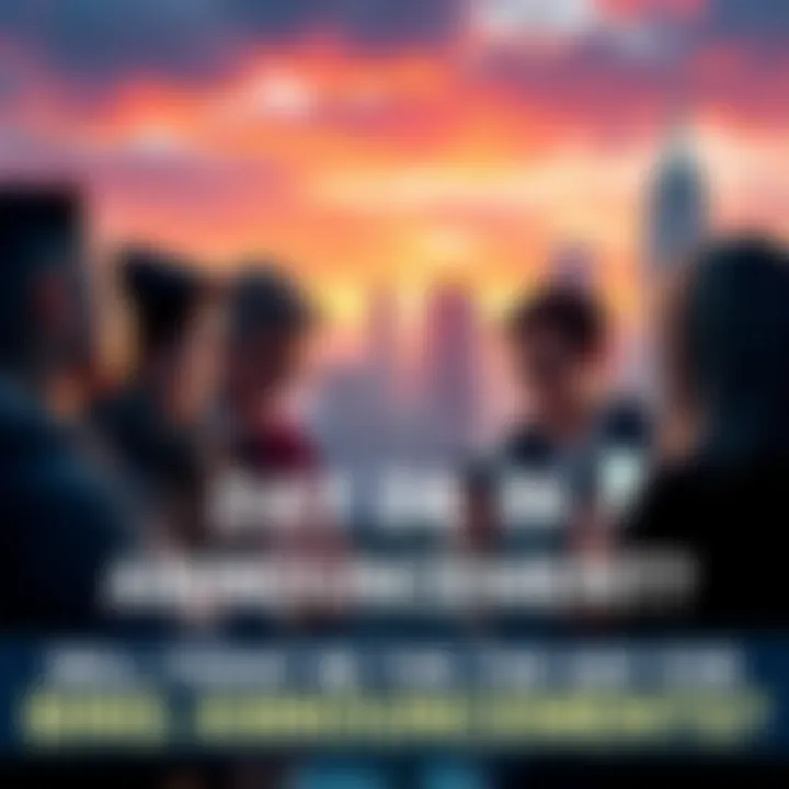 A group of people looking anxiously at their phones and discussing possible big news announcements, with a backdrop of a city skyline.