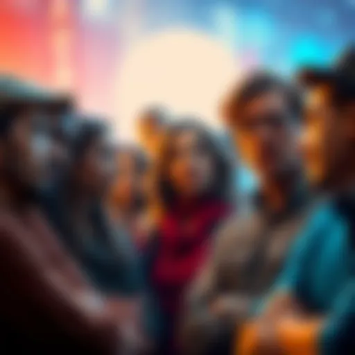 Group of people debating cryptocurrency with mixed emotions, some looking skeptical while others seem engaged.