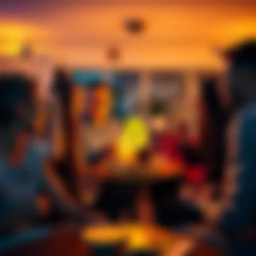A group of people happily discussing Bitcoin investments and sharing their success stories at a cozy gathering