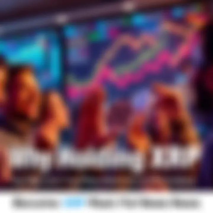 A group of people excitedly discussing and holding XRP tokens, with visuals of charts showing growth in the background.