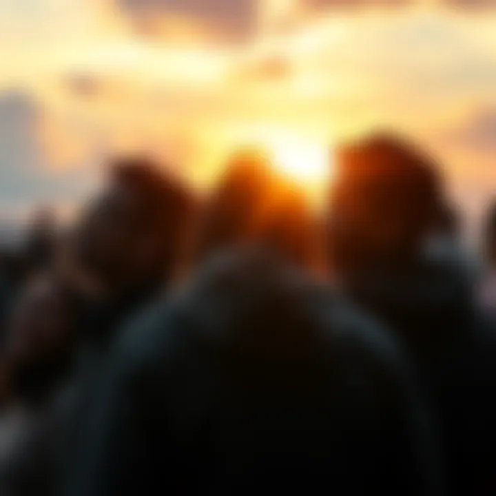 A diverse group of people gazing towards a bright horizon, symbolizing the anticipation for the upcoming year