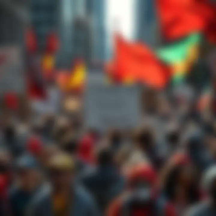 A diverse group of people holding banners and signs, united in a march for social change, symbolizing collective action and determination.
