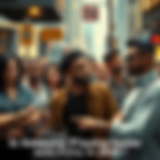 A diverse group of people looking puzzled, standing together in an urban setting, surrounded by signs of unusual events and conspiracy theories. They appear to be deep in conversation and debate.