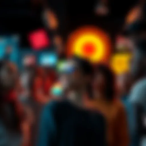 A group of diverse people sharing thoughts and feelings about their identities in front of various media symbols like movies and music.