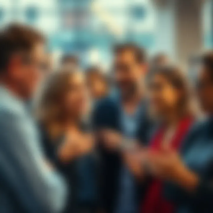 A group of people gathered, discussing recent news and events, showing expressions of interest and curiosity.