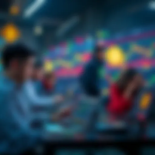 A group of individuals engaging in cryptocurrency trading on laptops, with financial graphs and coins displayed on screens