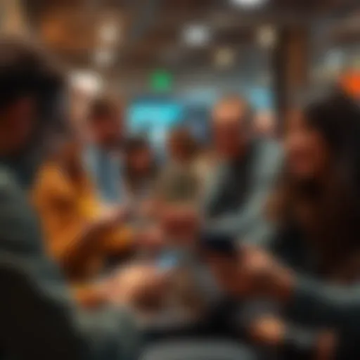 A diverse group of people making transactions with Bitcoin on their smartphones and laptops, showcasing its role as a payment method and investment in 2025.