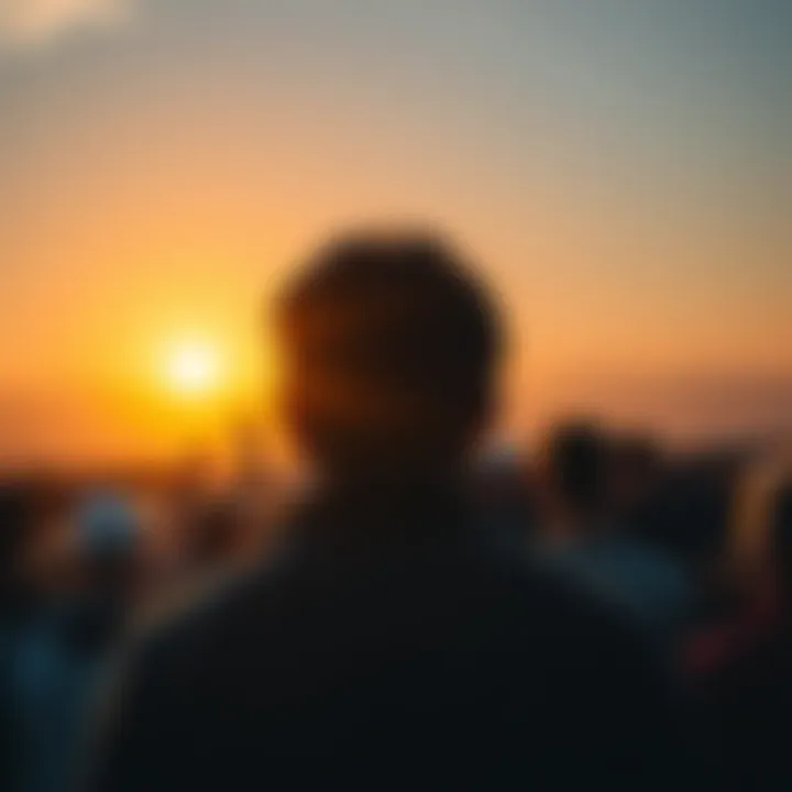 A crowd of people eagerly observing a bright horizon, signaling upcoming changes and excitement in the air.