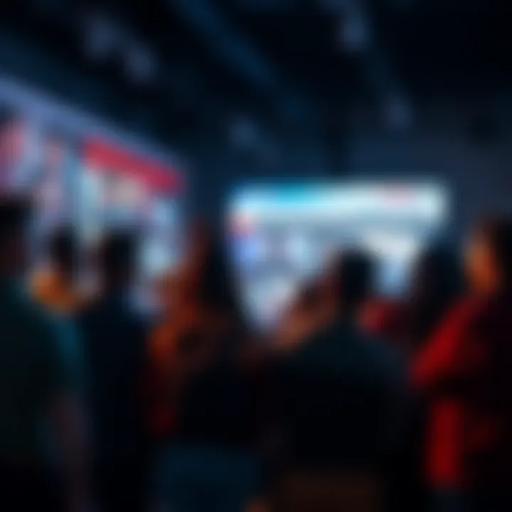 A group of diverse people gathered around a screen, observing breaking news events with concern and curiosity.