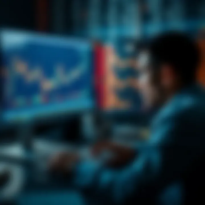 A person focused on a computer screen showing stock charts and financial data, reflecting intense concentration on investment performance.