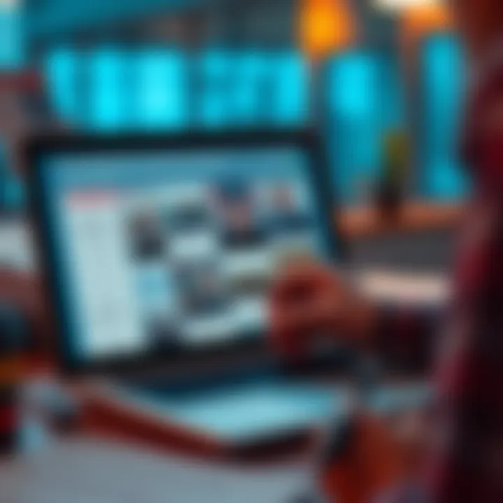 Individual looking at a laptop screen with various news articles, analyzing information for credibility