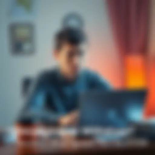 A worried individual sitting at a desk, checking their bank account on a laptop with a frustrated expression, surrounded by papers and a coffee cup.