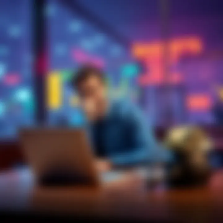 A person sitting at a table with a laptop, looking thoughtful while contemplating investment choices with cash on the side
