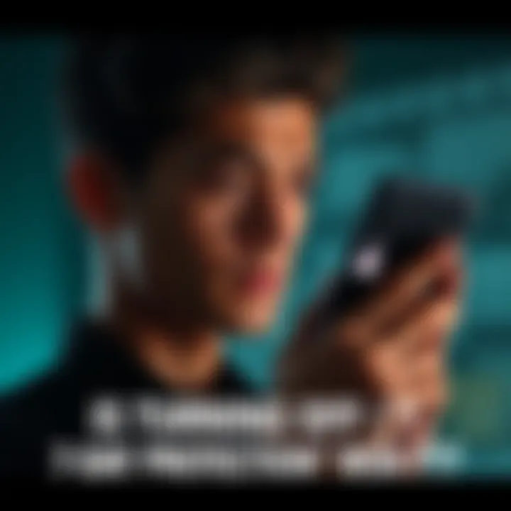 A concerned person looking at their phone with a lock icon on the screen, contemplating the risks of disabling a security feature