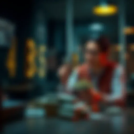A person sitting at a table, counting stacks of cash with a look of satisfaction