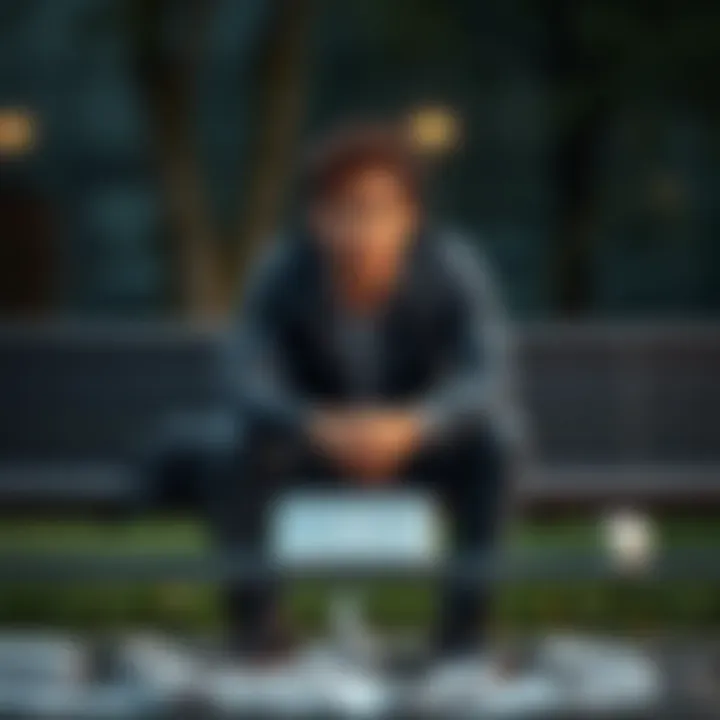 A person sitting on a bench, looking thoughtful but determined, with papers scattered around, symbolizing resilience after facing rejection.