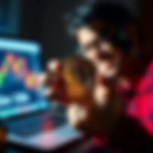 Individual smiling while holding a shiny Bitcoin coin with a laptop in the background, symbolizing investment in cryptocurrency