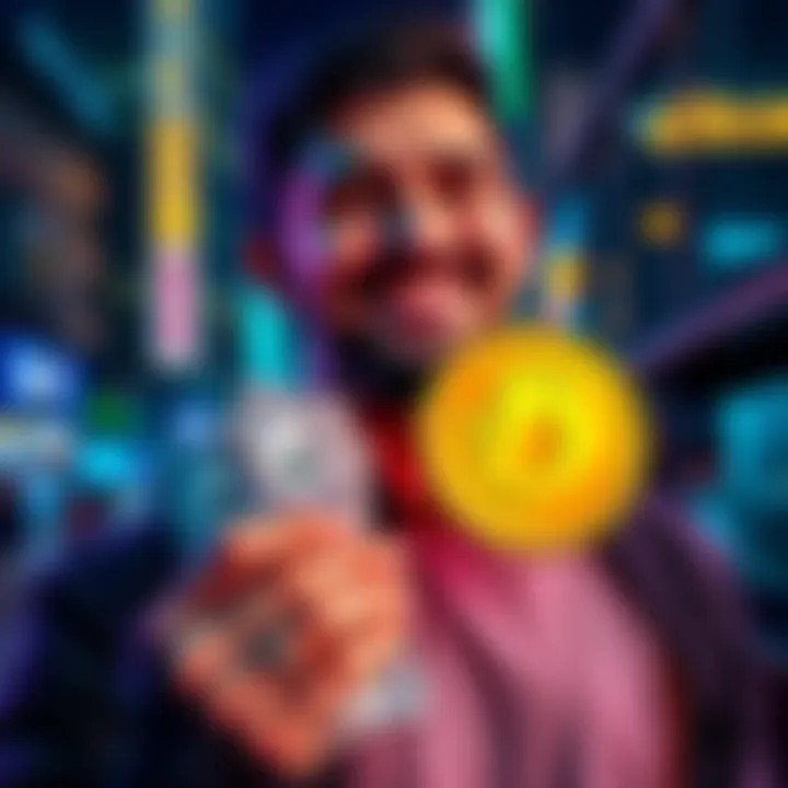 A person smiles while holding a Dogecoin logo and counting cash, showing excitement about their cryptocurrency investment success.