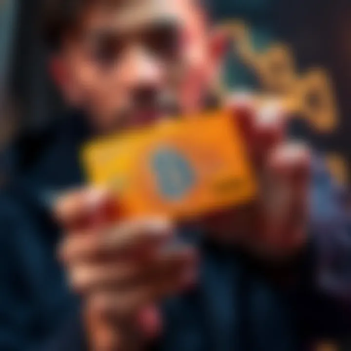 Individual showing off a new orange bitcoin credit card, replacing an old rose gold card