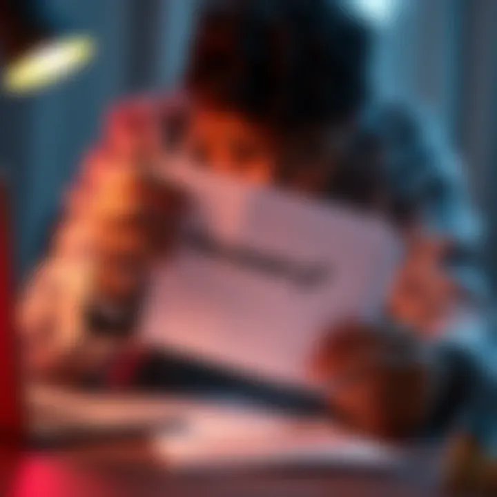 A person examining a piece of paper with a cryptocurrency recovery phrase written on it, sitting at a desk with a laptop and notes nearby.