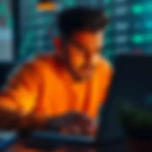 Individual looking at Bitcoin charts on a laptop with a concerned yet hopeful expression