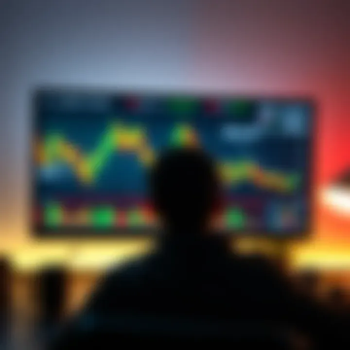 A person sits in front of a computer monitor displaying a stock market chart with rising and falling lines, showing frustration over the market's ups and downs.