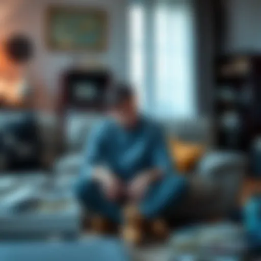 A person sitting alone on a couch, looking distressed after a breakup and financial loss, with a concerned expression and a messy room around them.