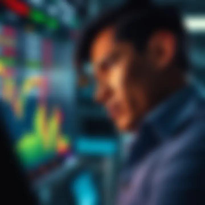 A person with a concerned expression studying a stock market chart showing a downward trend after buying stocks during a market dip