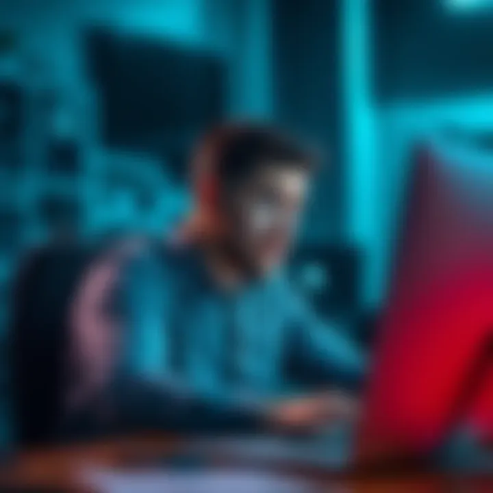 A person sitting in front of a computer, appearing stressed and frustrated while trying to recover a lost Bitcoin wallet after a hard drive failure.