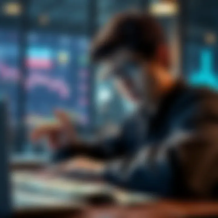 A person with a confused expression, looking at a Bitcoin price chart on a laptop, with dollar bills on the table nearby.