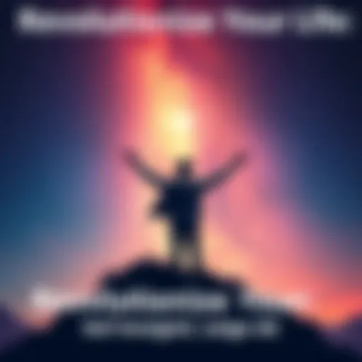 Individual standing on a hilltop, stretching arms towards the starry sky, symbolizing personal growth and ambition