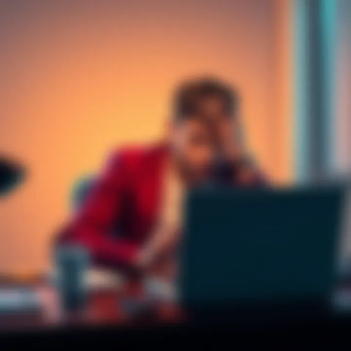 A concerned individual sitting at a desk, looking at a laptop with a distressed expression, symbolizing the struggle of losing money in crypto scams and seeking support from the community.
