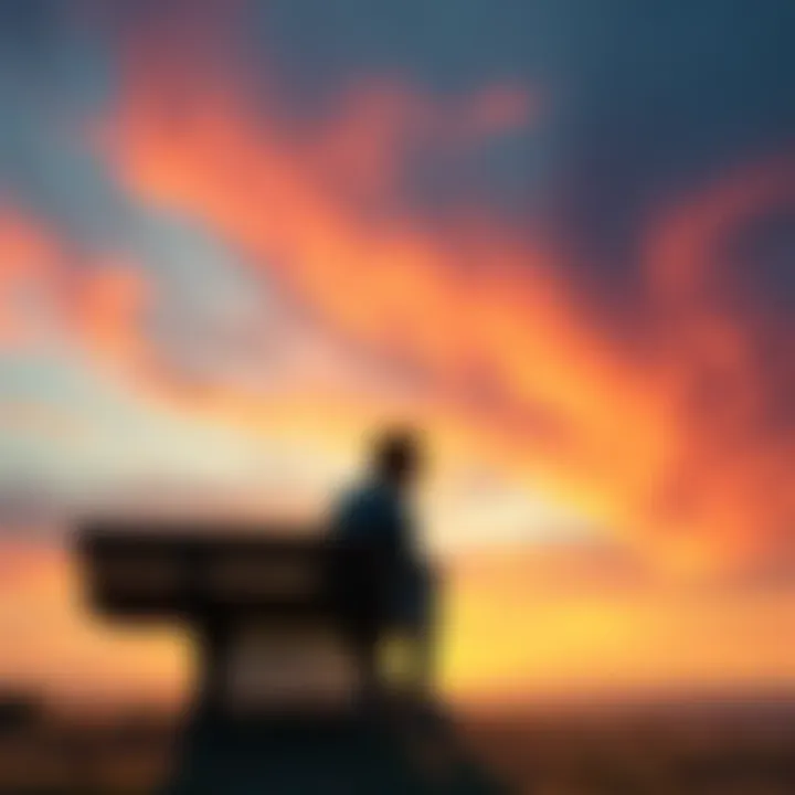 A person sitting on a bench with a thoughtful expression, looking up at a bright sky, symbolizing a search for hope and motivation during tough times.
